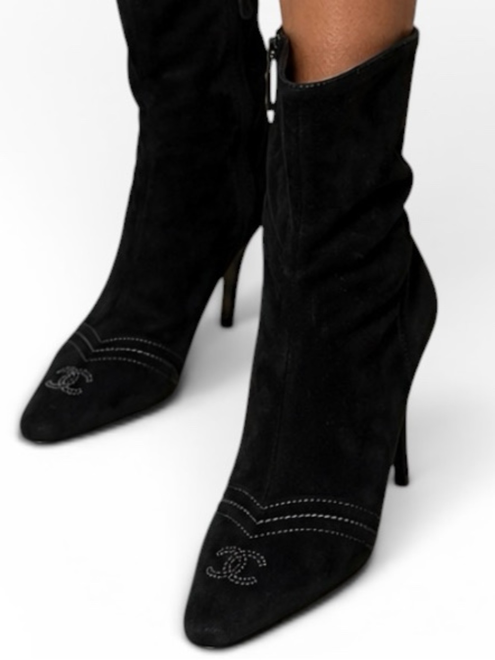 CHANEL CC Logo Black Suede Pointed Toe Stiletto Ankle Boots IT37